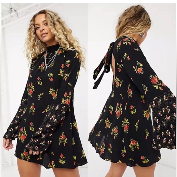 NWOT FREE PEOPLE Floral TATE HiNeck Tunic OpenBack Mini Dress - Picture 4 of 7